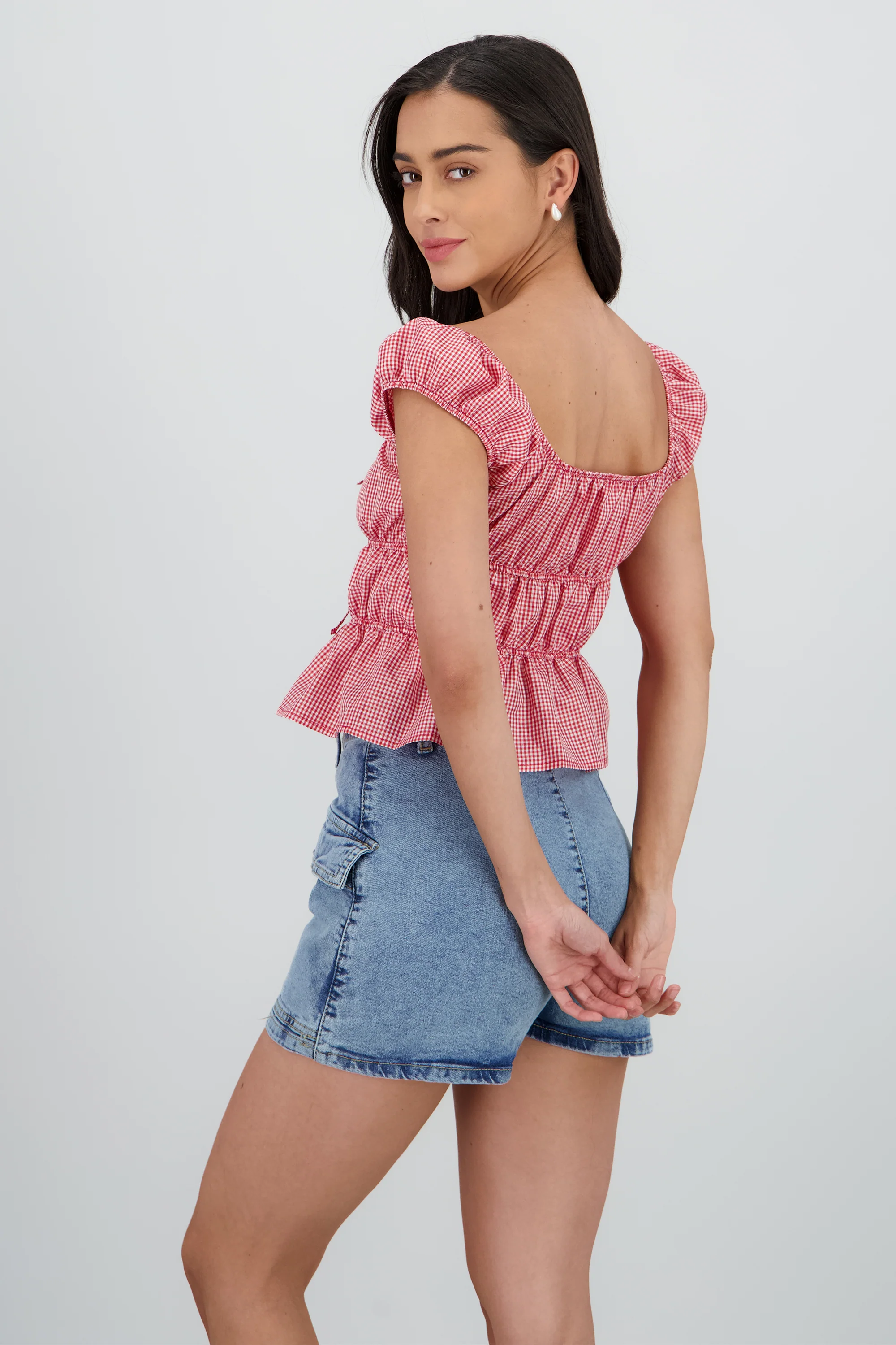 Blusa manga corta cuadros detalle moños - Image 4