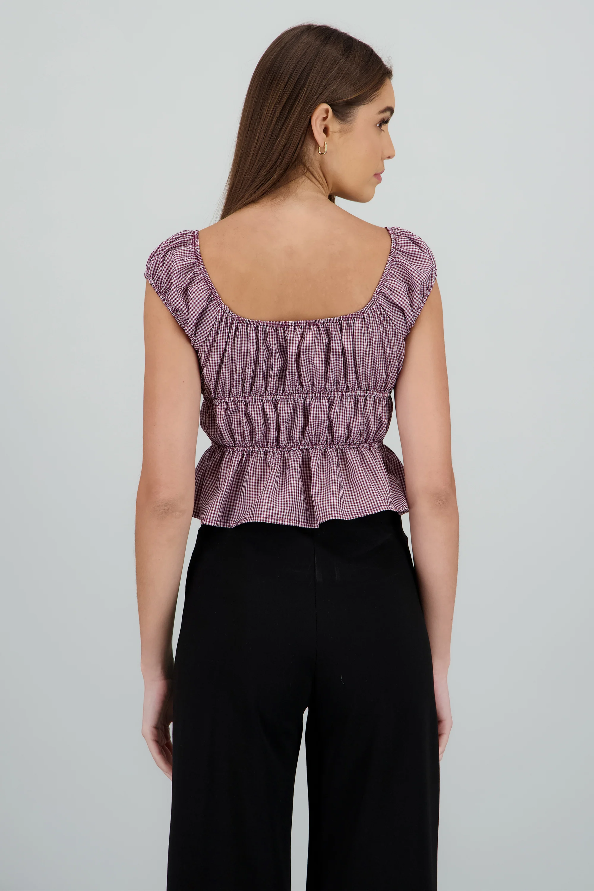 Blusa manga corta cuadros detalle moños - Image 4