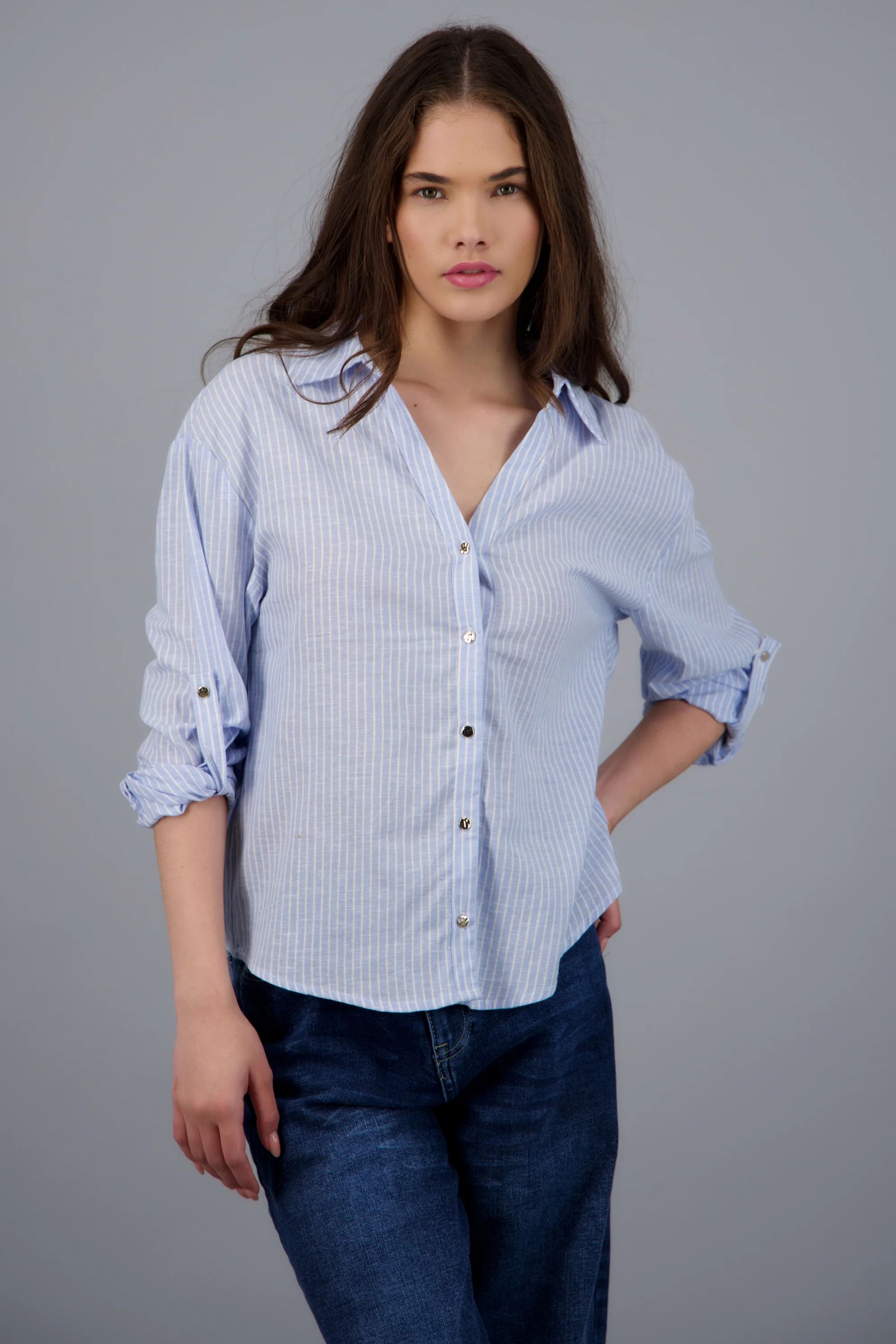 Camisa lino rayas detalle botones - Image 2