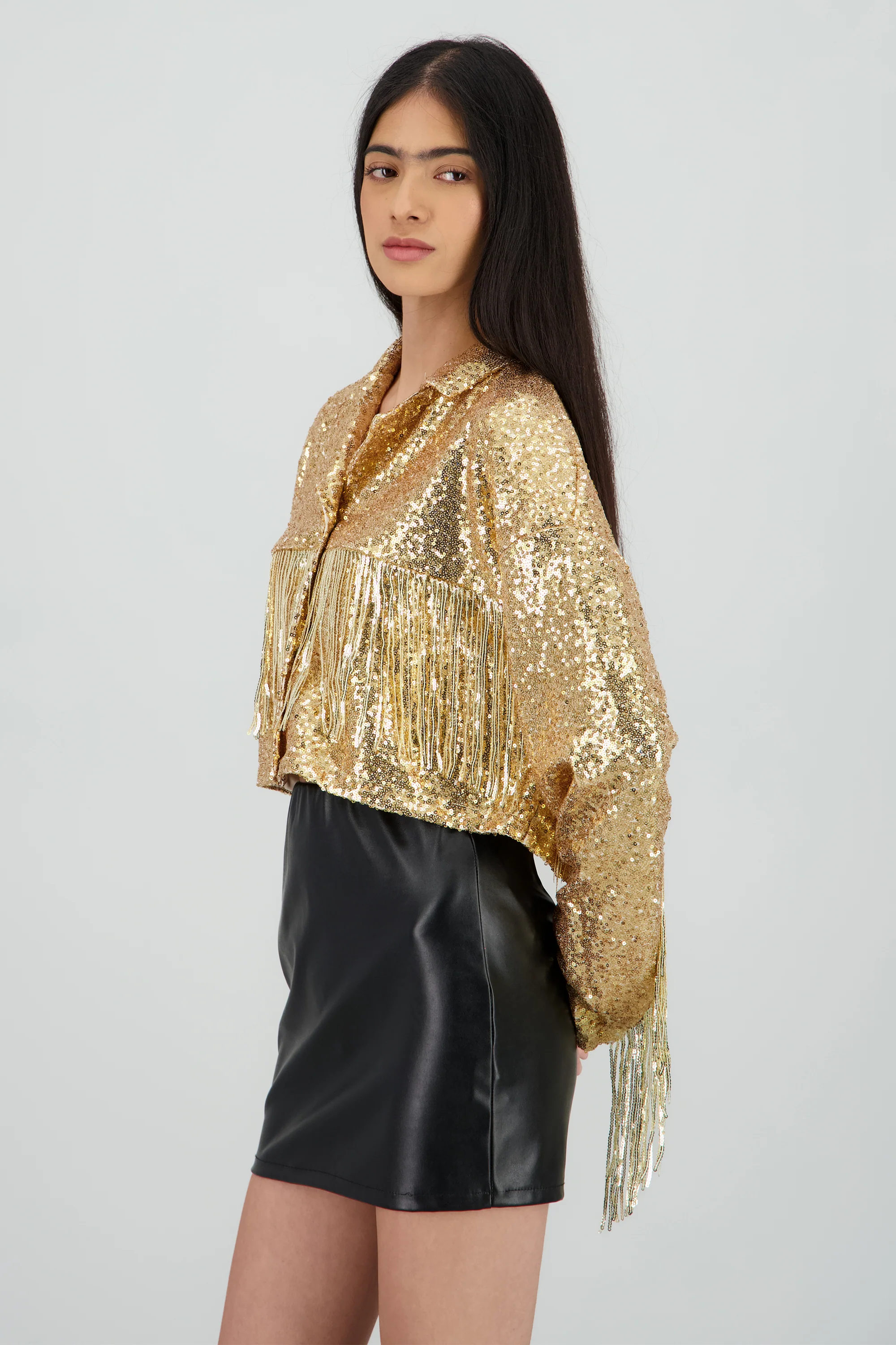 Chamarra crop fringe con brillos - Image 3