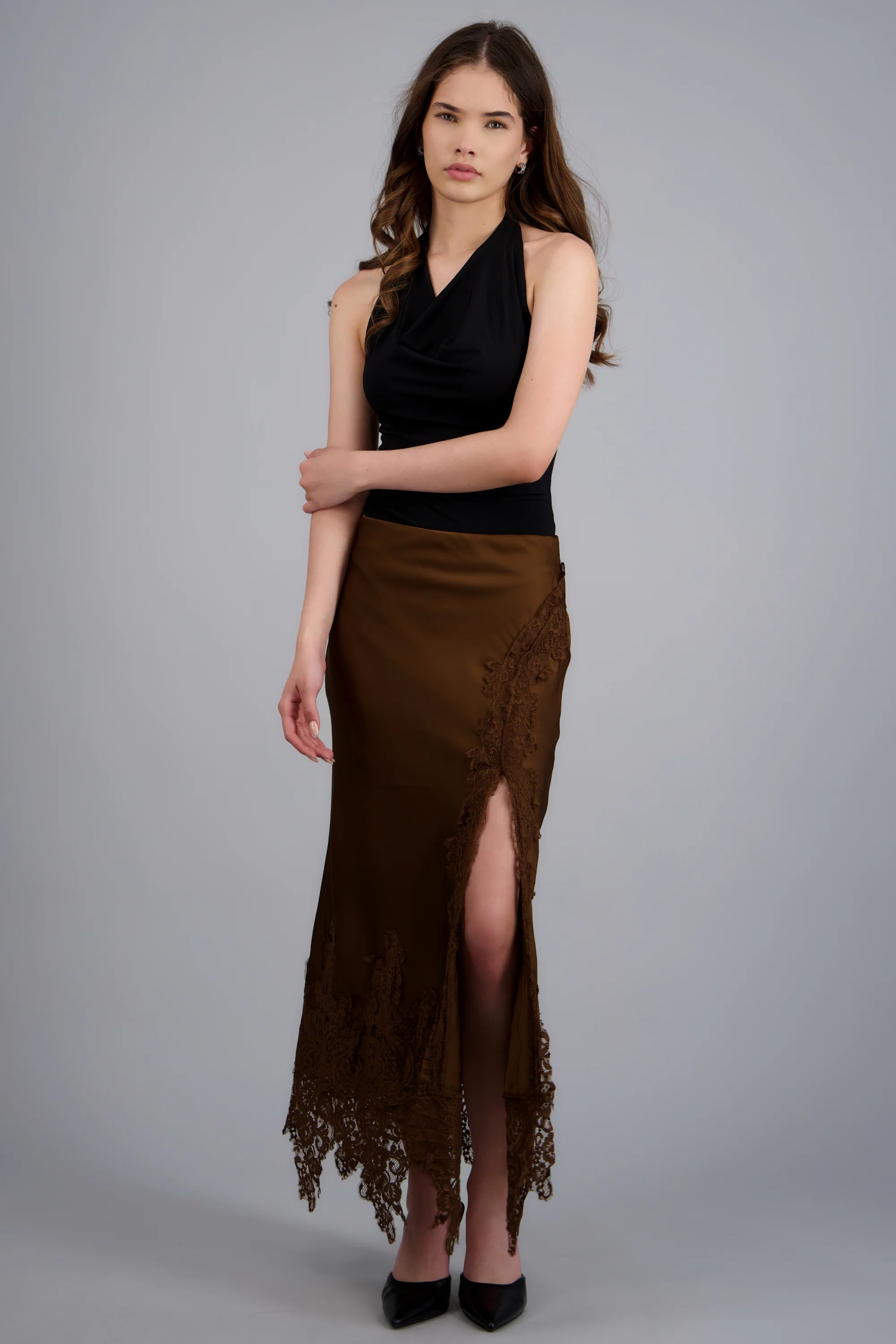 Falda midi satin detalle encaje - Image 3