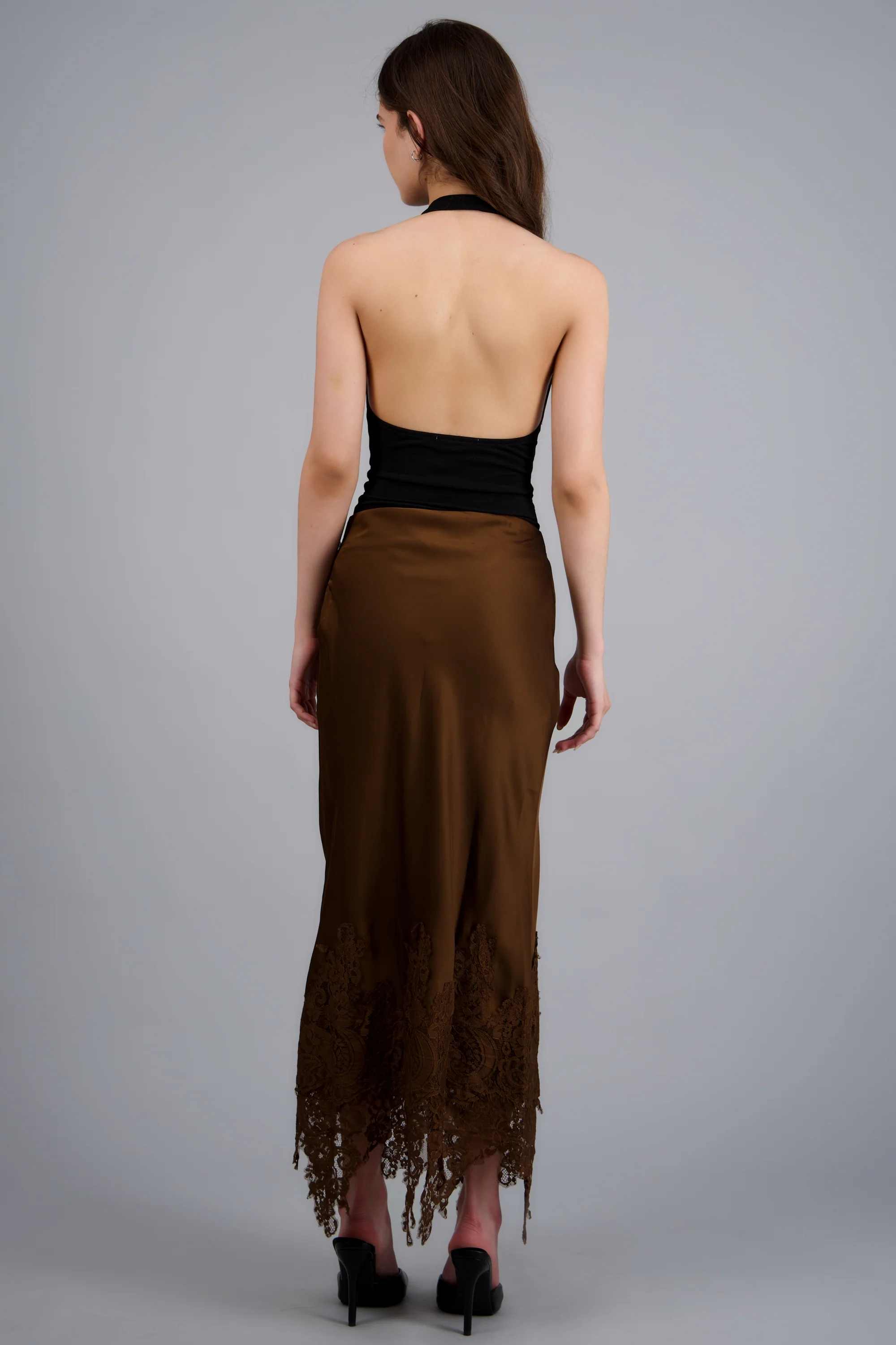 Falda midi satin detalle encaje - Image 4