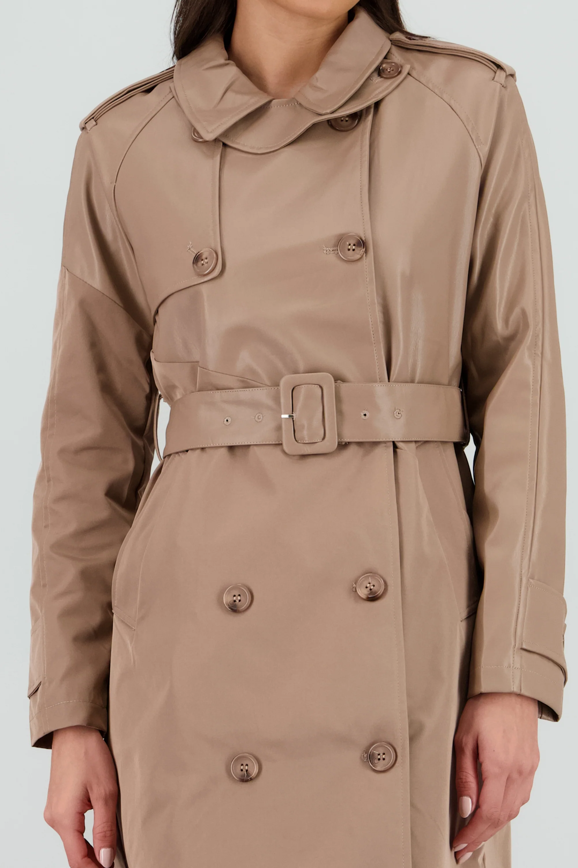 Gabardina larga contraste pu - Image 5