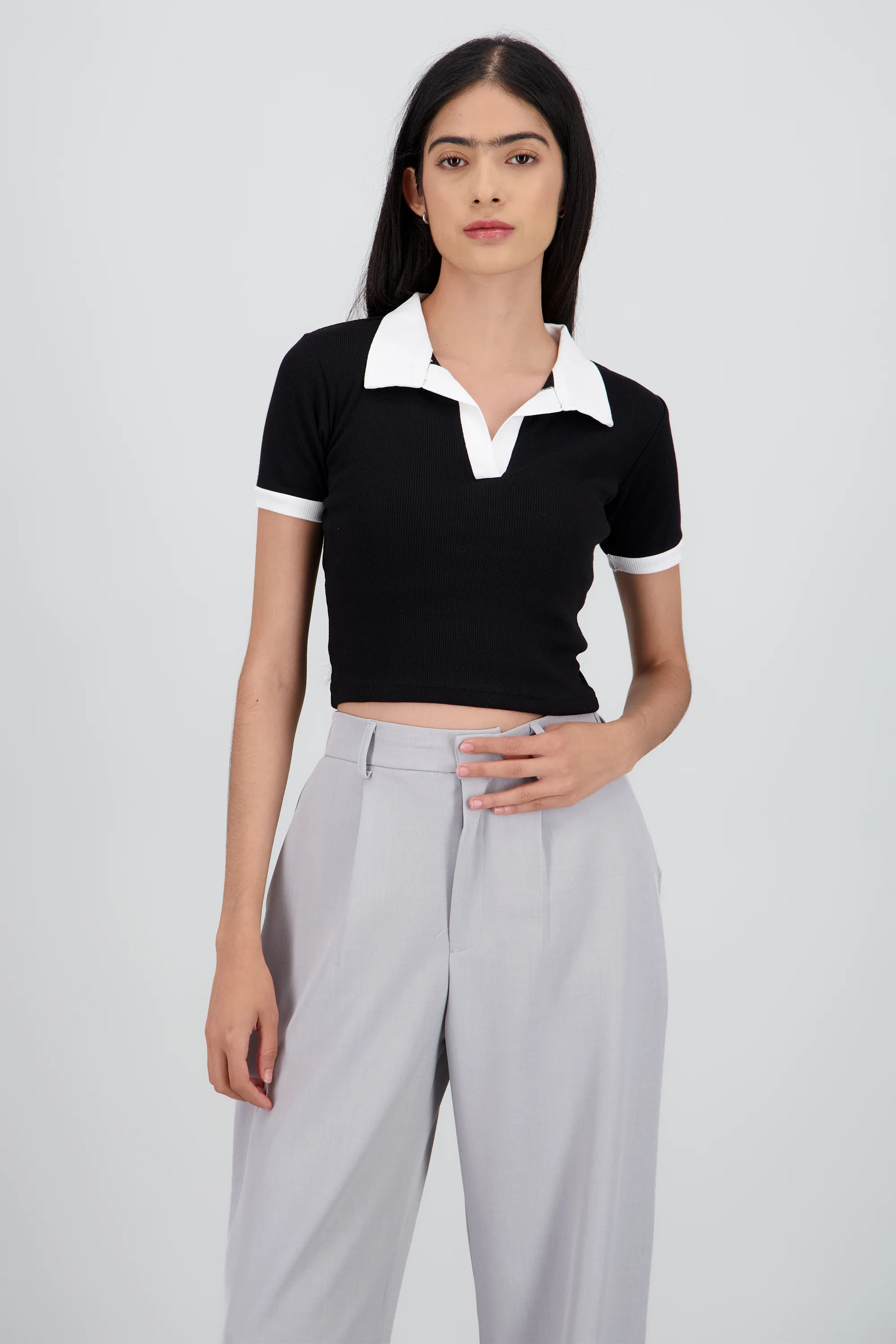 Top cuello polo contraste en mangas - Image 6