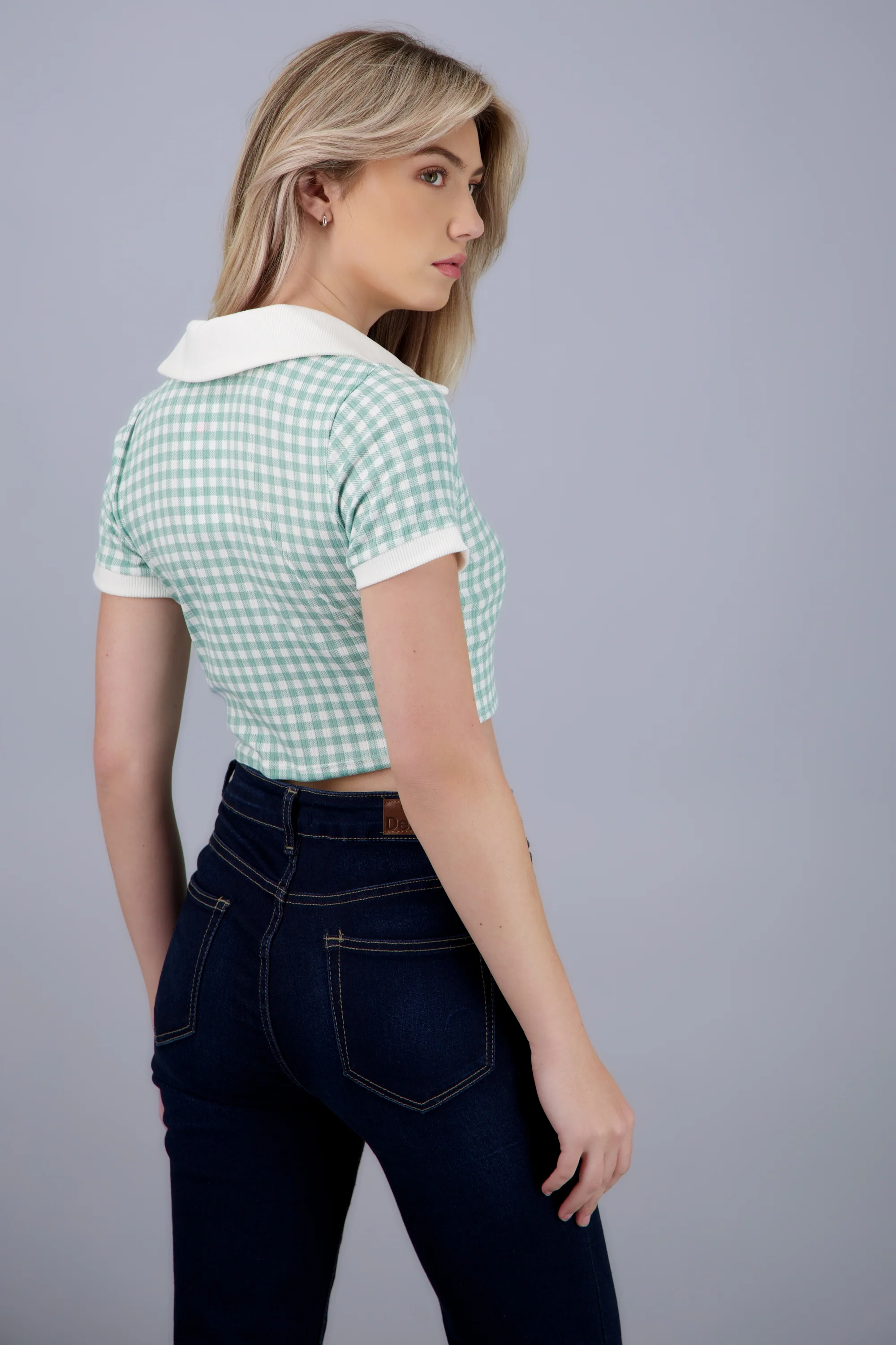 Top polo crop contraste estampado cuadros - Image 4