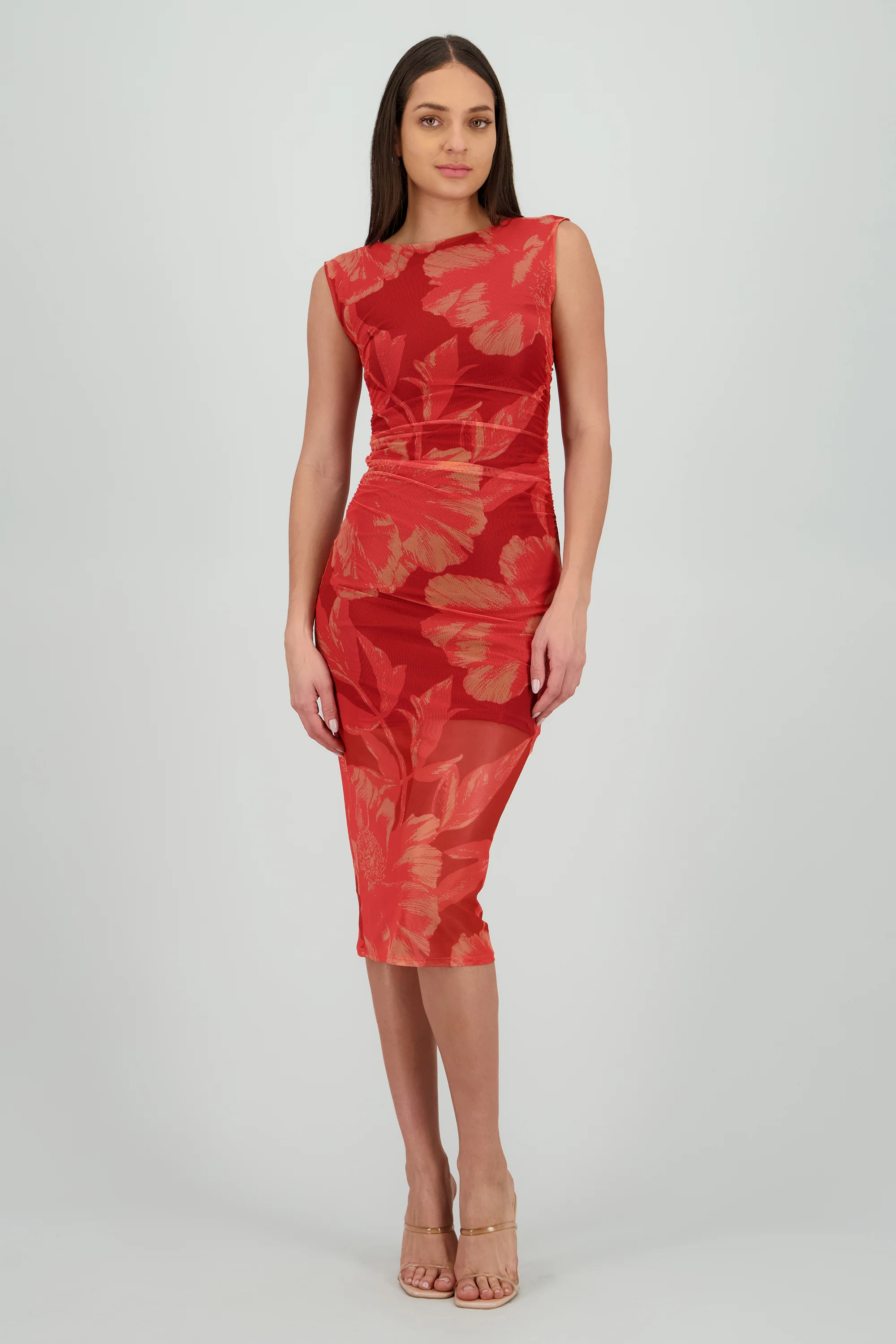 Vestido estampado midi drapeado sin mangas