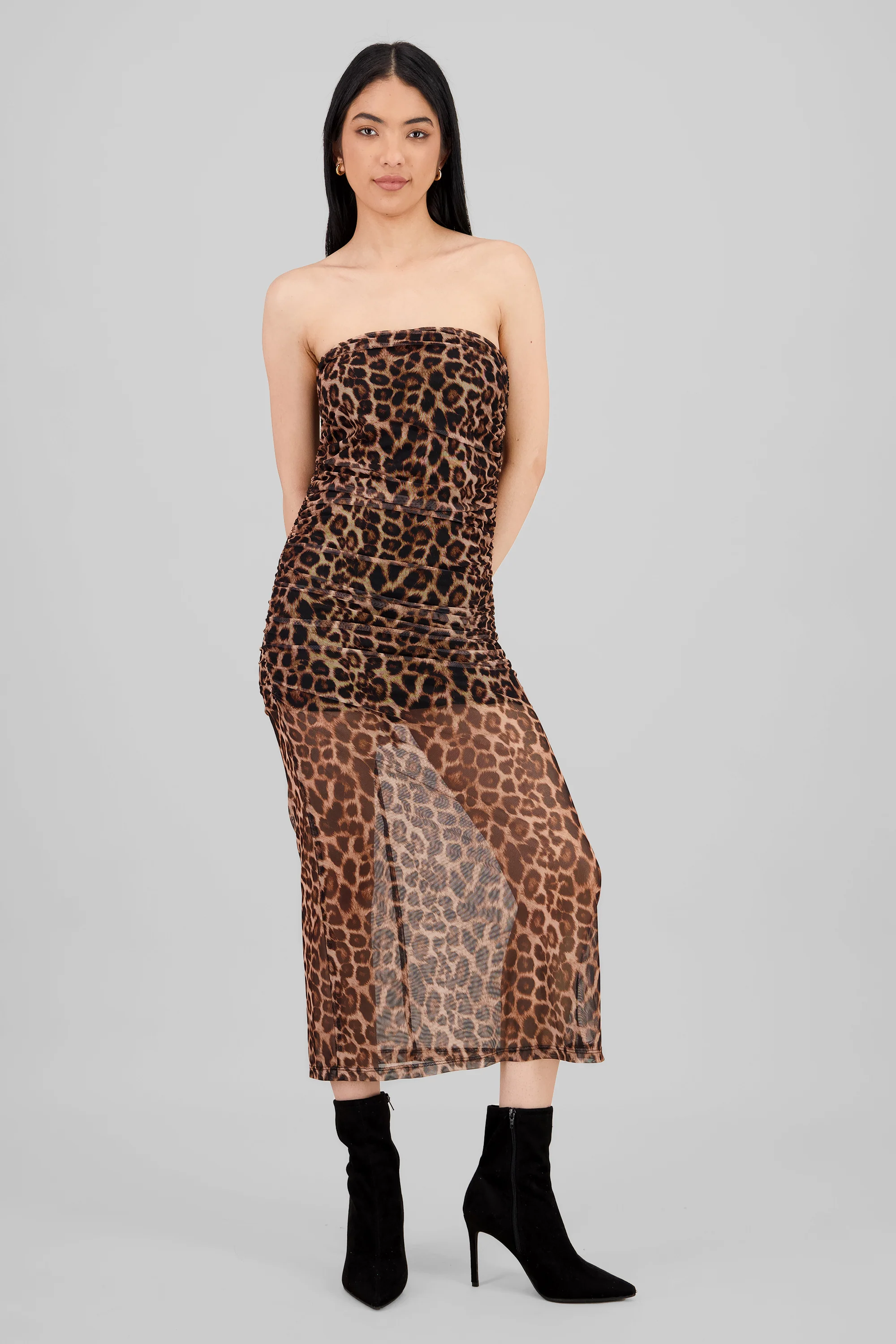 Vestido maxi drapeado mesh animal print