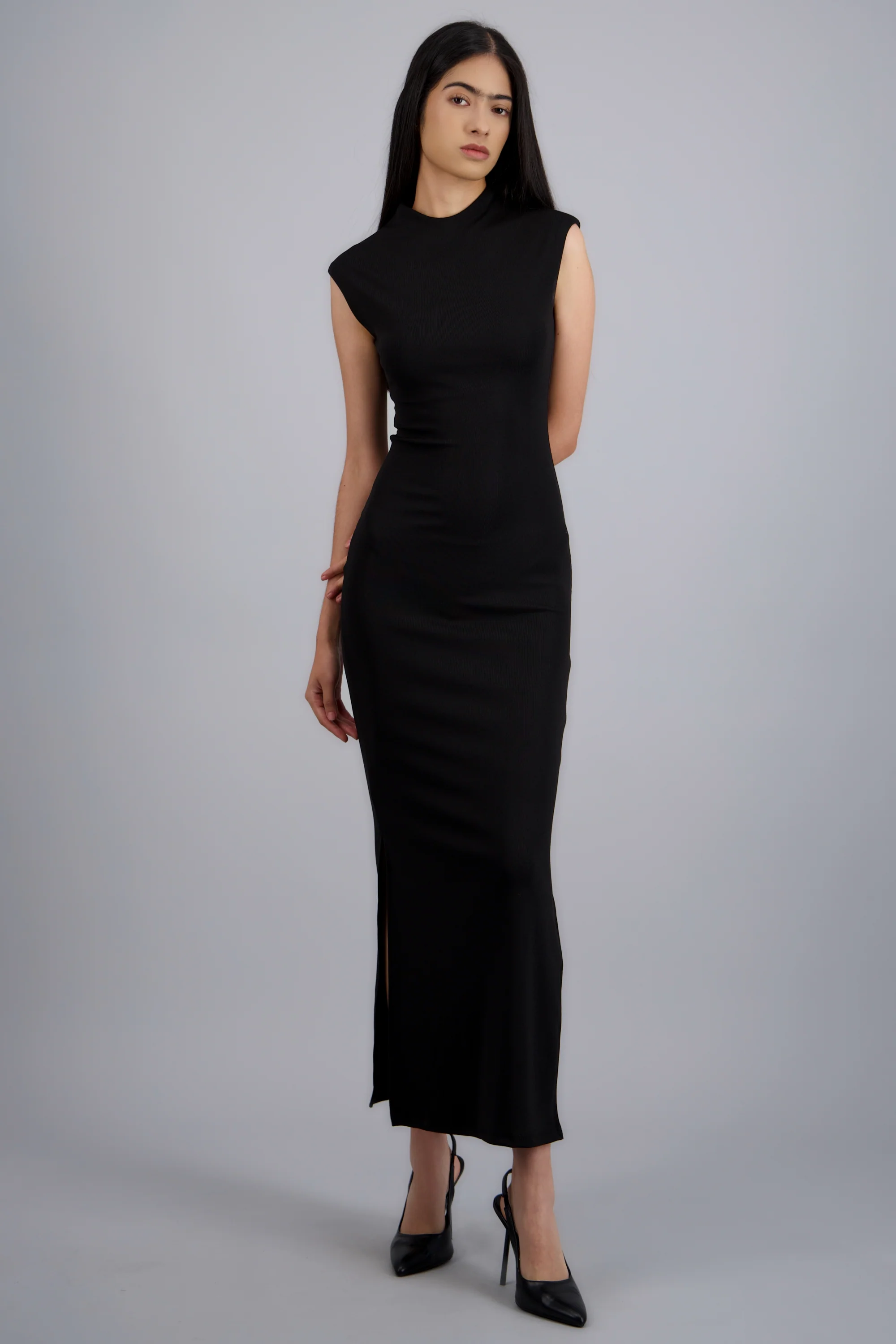 Vestido maxi rib manga corta con abertura Hypsters