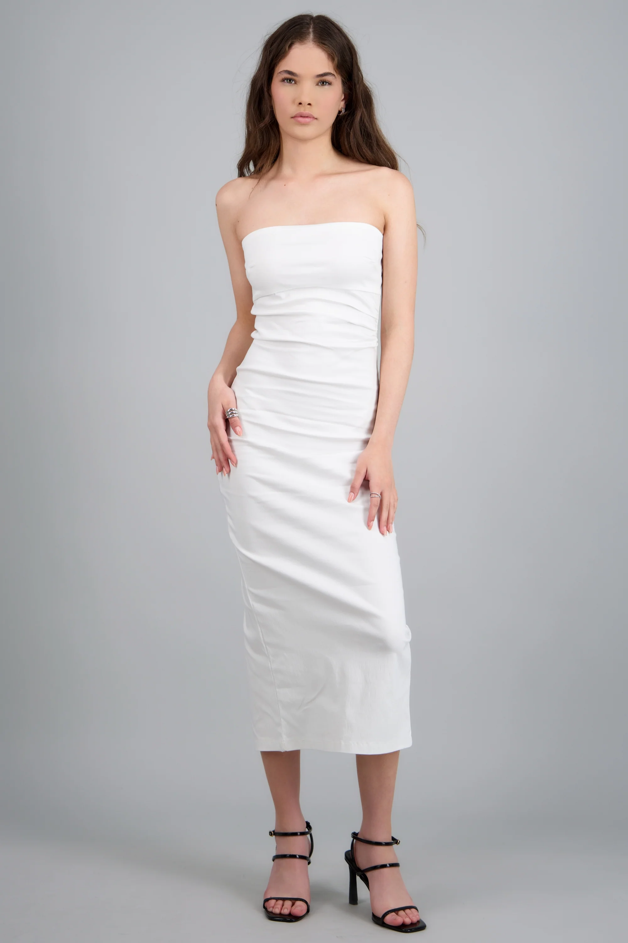 Vestido maxi strapless drapeado hypsters