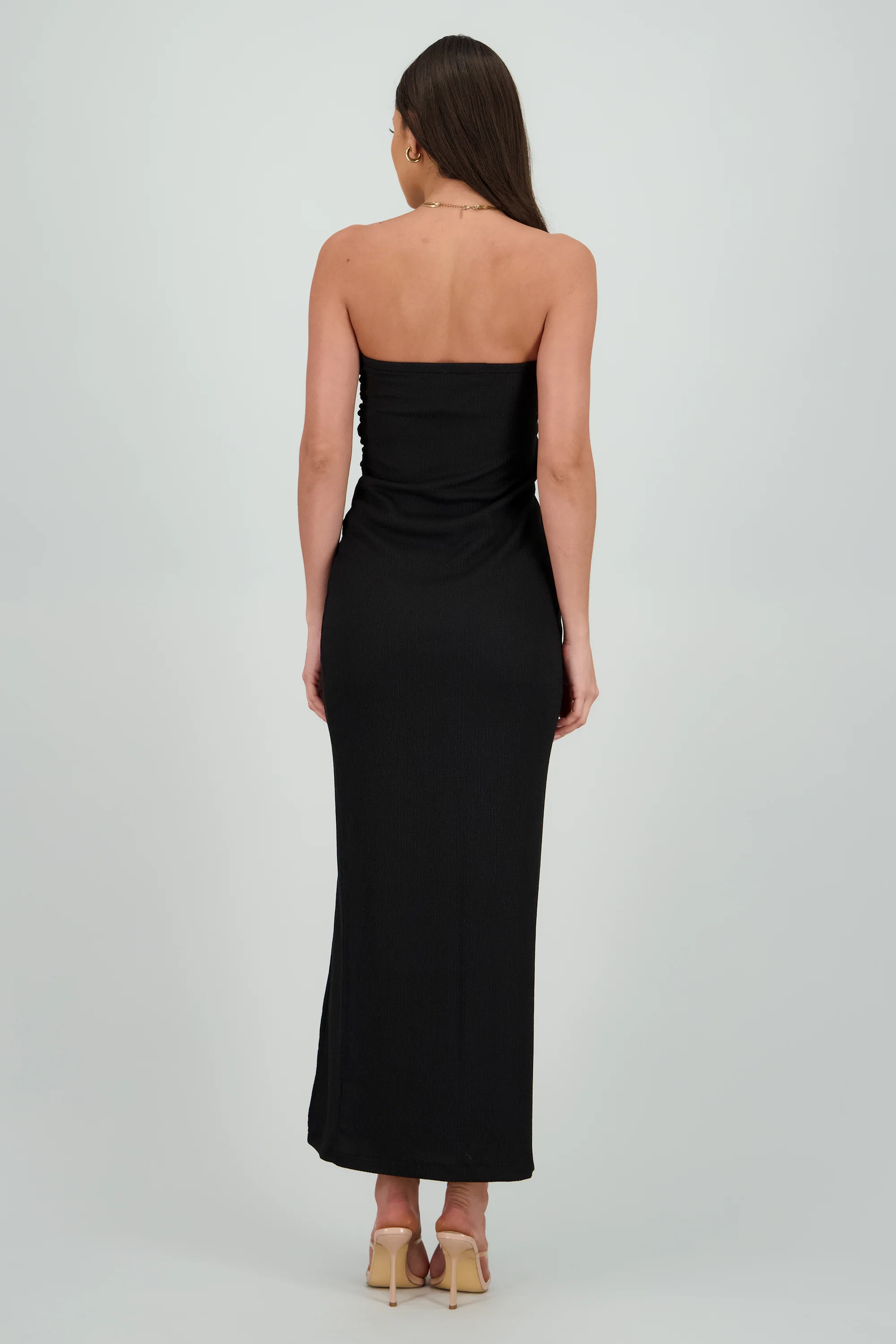 Vestido midi strapless drapeado abertura - Image 4