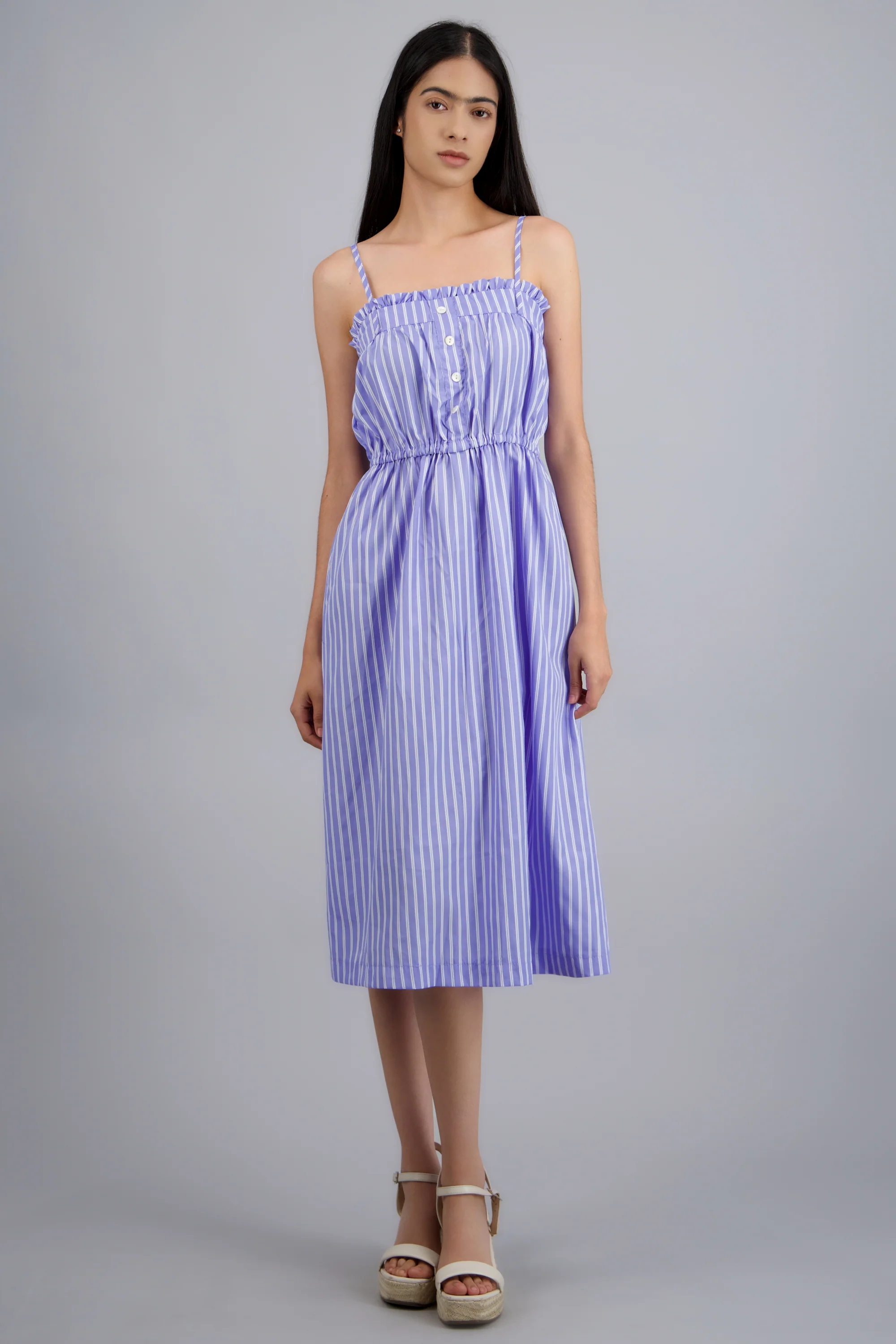 VESTIDO MIDI TIRANTES DET MOÑO RAYAS